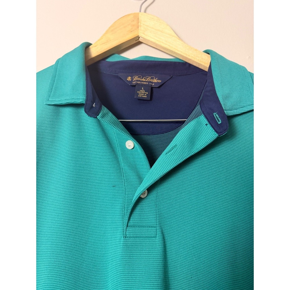 Brooks Brothers Mens Polo Shirt Green Navy Collar Short Sleeve Size L - Picture 3 of 5